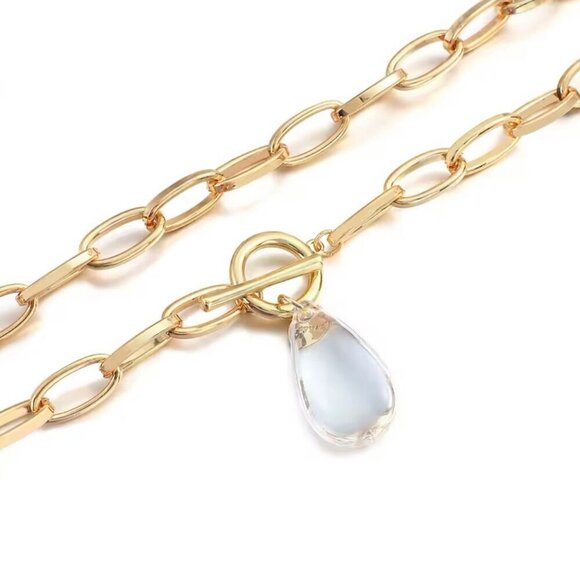 New Chunky Chain Necklace Cleat Crystal Pendant Toggle Clasp 18K Plated - Picture 5 of 9